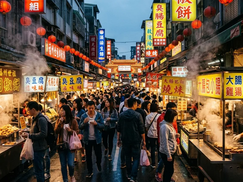 「熱鬧的台灣夜市，霓虹燈與蒸氣」